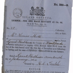 A licence to employ one male servant to Mr Thomas Mott of Great Hadham. Fifteen shillings in 1870 is worth over £50 today. | Hertfordshire Archives and Local Studies, Ref: D/ESr F10